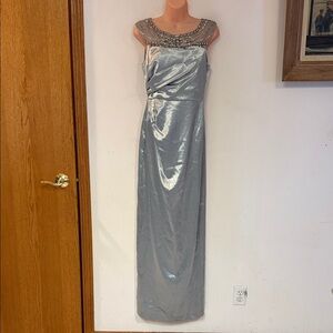 Vintage 40s Inspired Light Blue Satin Papell Slitted Formal Gown Prom Maxi Dress